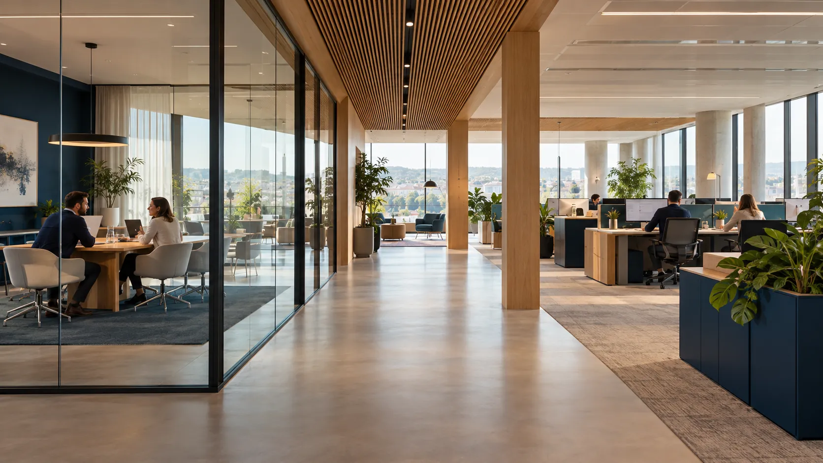 Illustrative headquarters with a meeting room, working team and connected office spaces